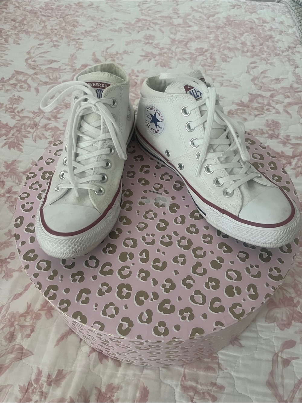 Converse White High Top Sneakers with Maroon Stripe